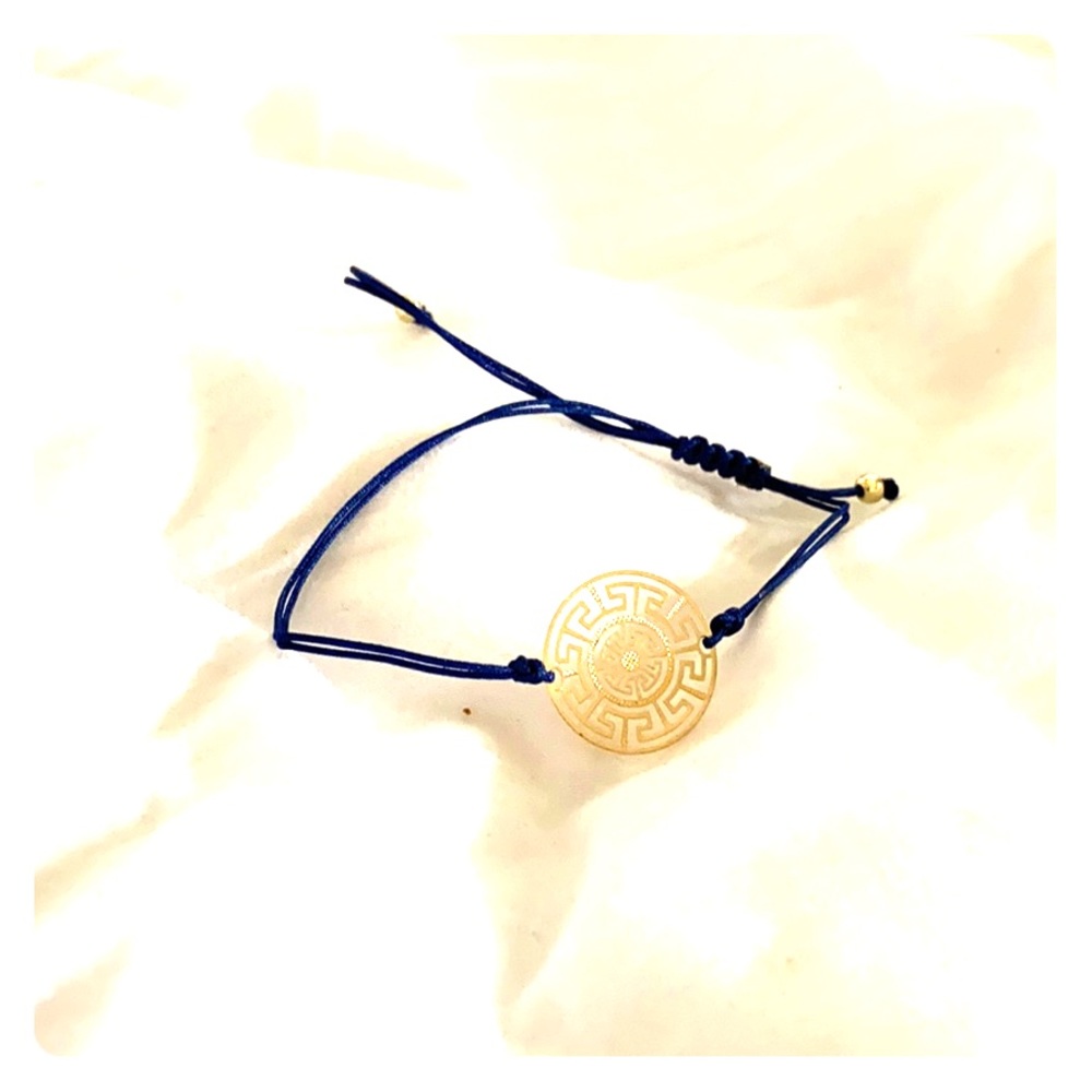 Navy Drawstring Bracelet with Circular Gold Charm